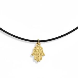 Handcrafted gold tone alloy Hamsa charm adjustable black‎ leather cord necklace